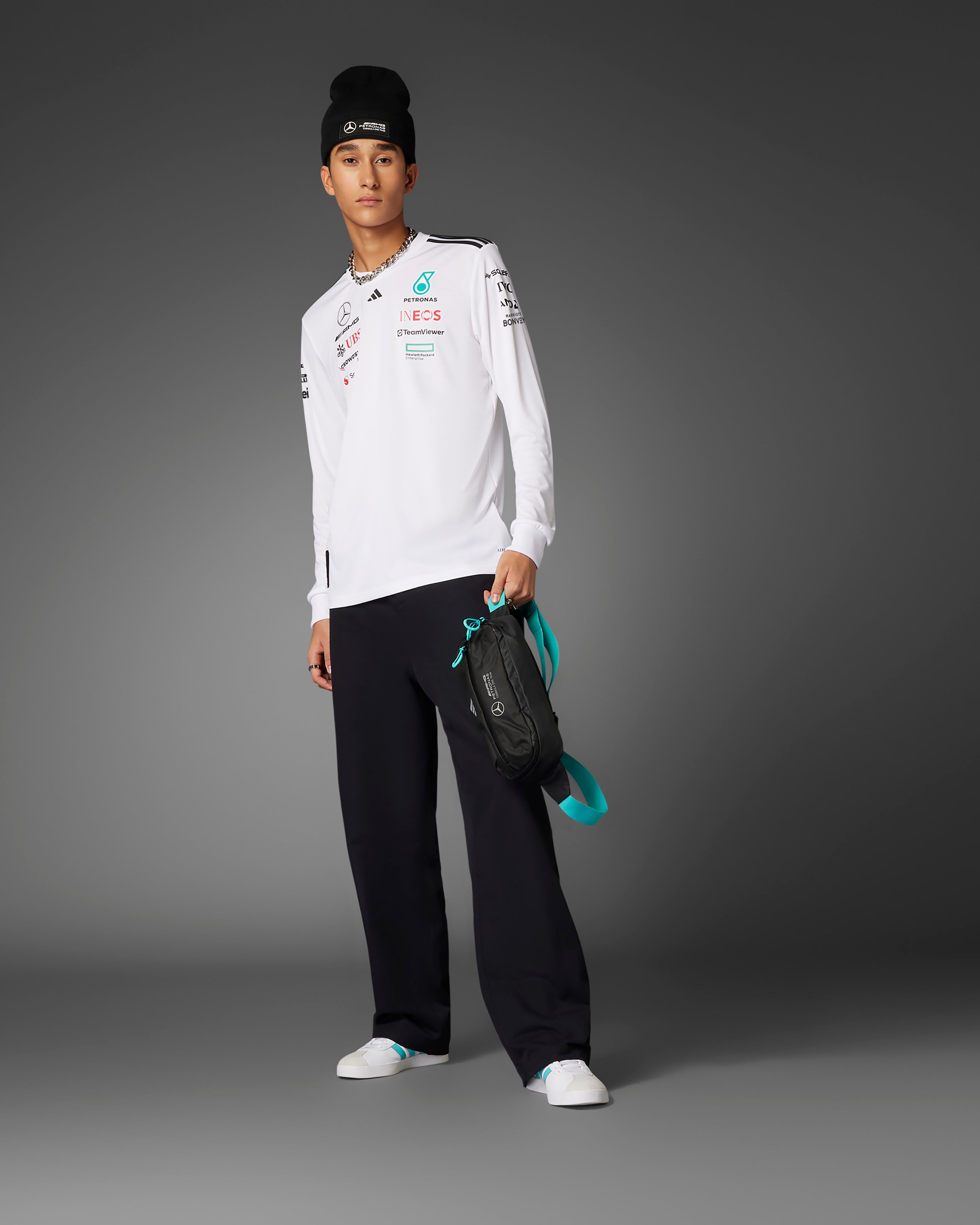 Mens 2025 Team Long Sleeve Driver Tee White | Official Mercedes