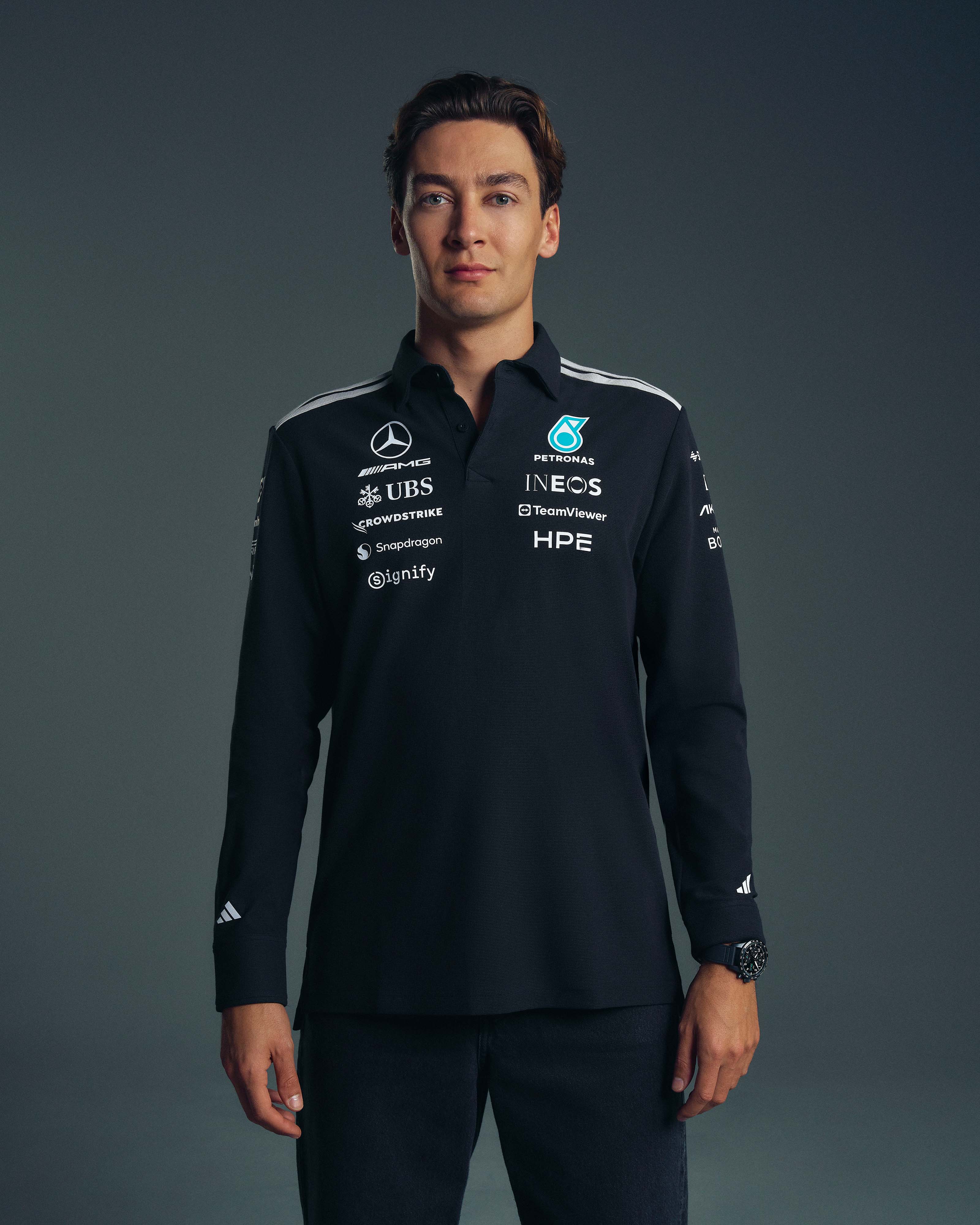 2026 Men's Long-Sleeve Polo - Black | Mercedes-AMG PETRONAS F1