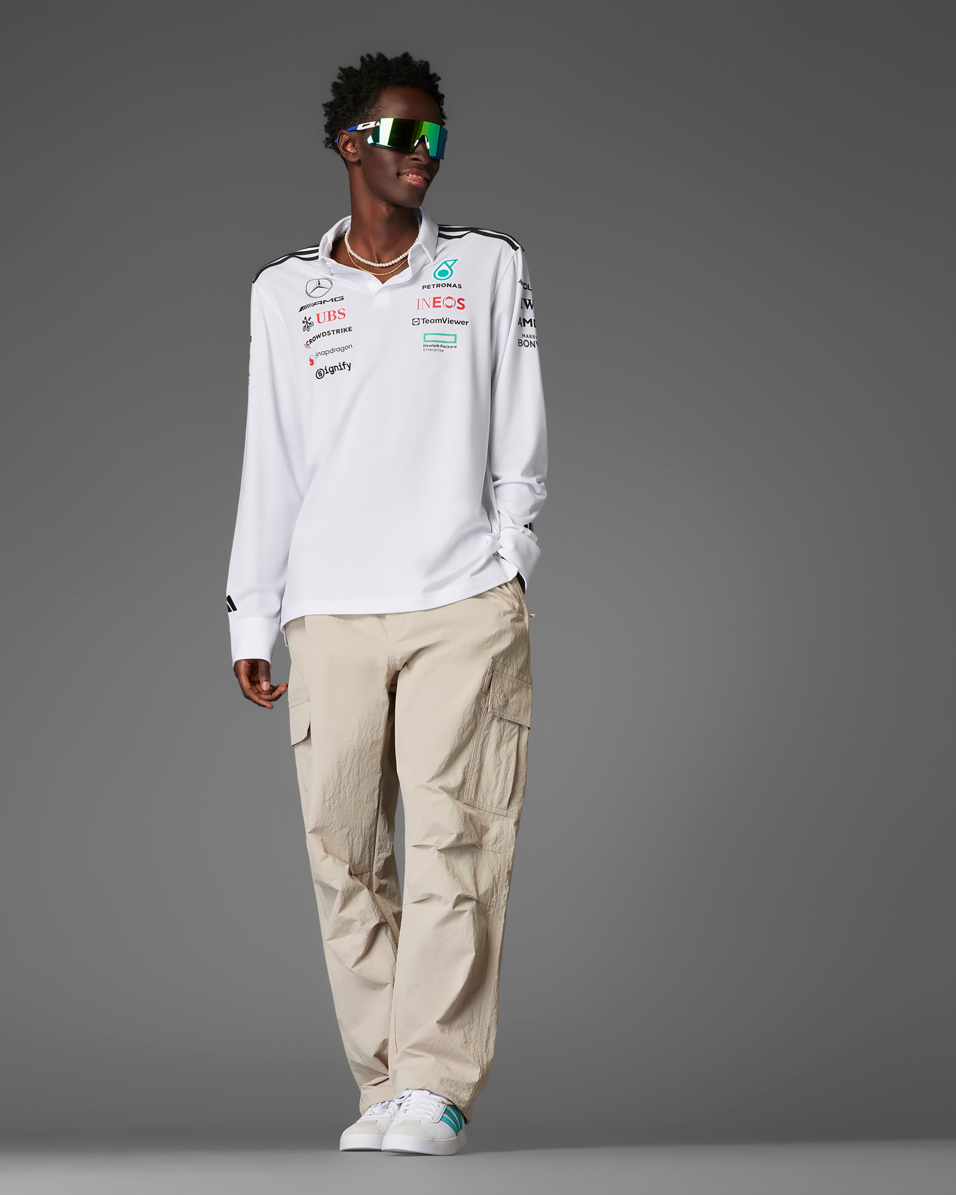 Mens 2025 Team Long Sleeve Polo White | Official Mercedes-AMG