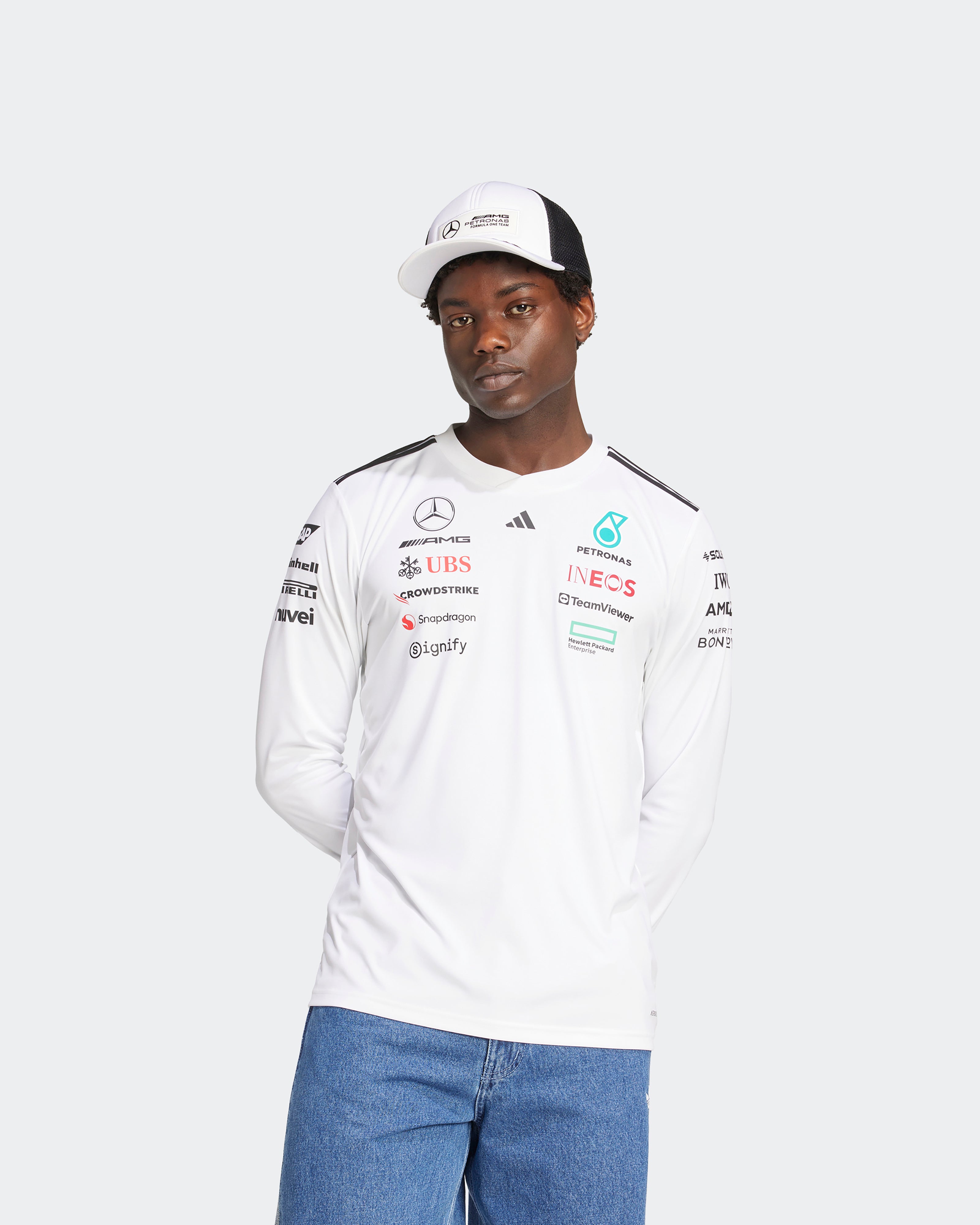 Mens 2025 Team Long Sleeve Driver Tee White | Official Mercedes