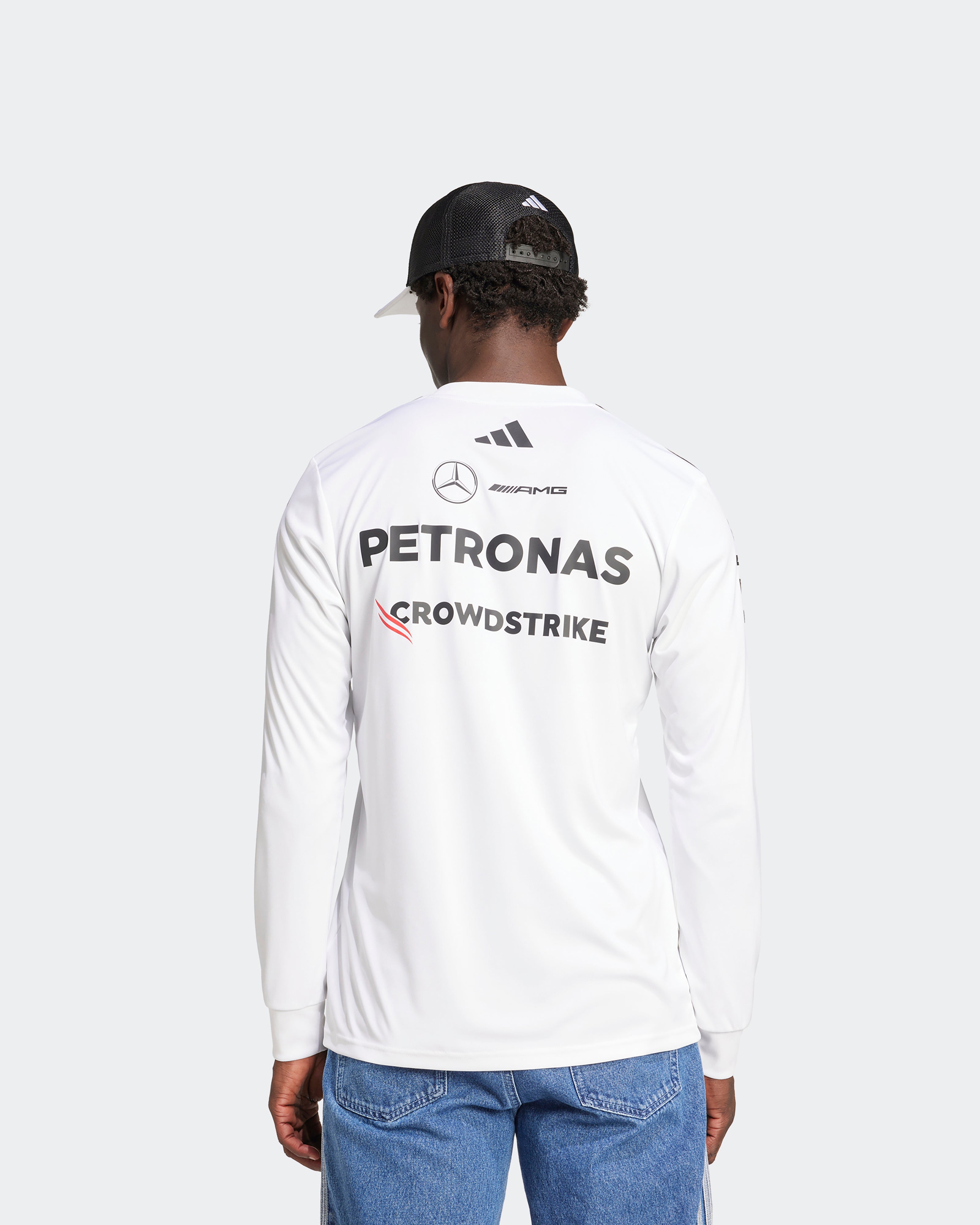 Mens 2025 Team Long Sleeve Driver Tee White | Official Mercedes