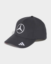 Black Mercedes-AMG PETRONAS F1 driver cap with white Mercedes and adidas logos, twill fabric, curved visor