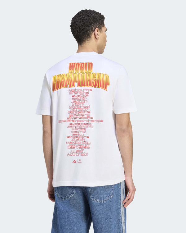 White Mercedes AMG F1 Madrid T-shirt shown from the back with a yellow and red World Championship graphic.