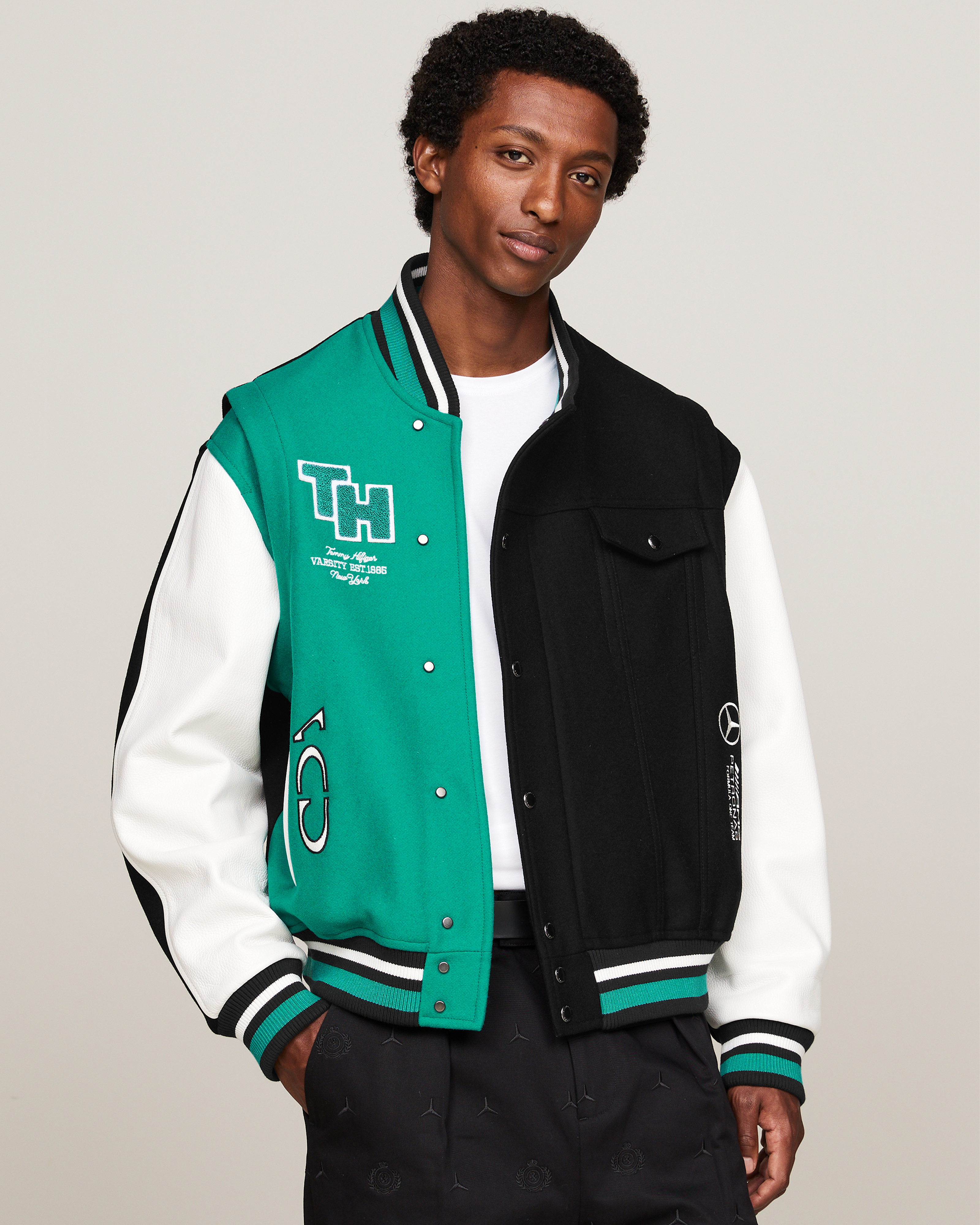 Tommy x Mercedes AMG F1 x Clarence Ruth Varsity Jacket Black Official Mercedes AMG PETRONAS F1 Team Store